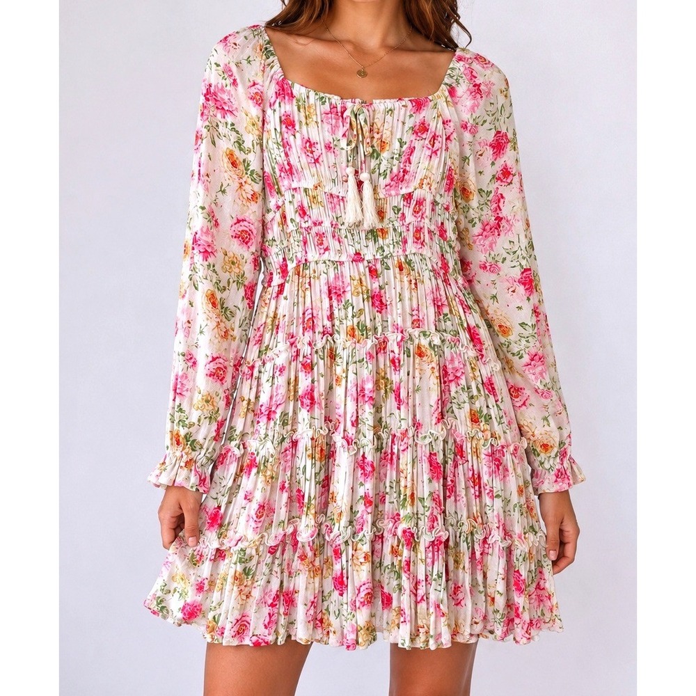 C&V Girls New Floral Boho Tiered Dress Size L 12/14 White Pink Smocked Tassel